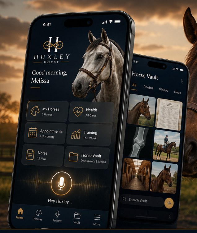 The Huxley app on iPhone — home screen and Horse Vault