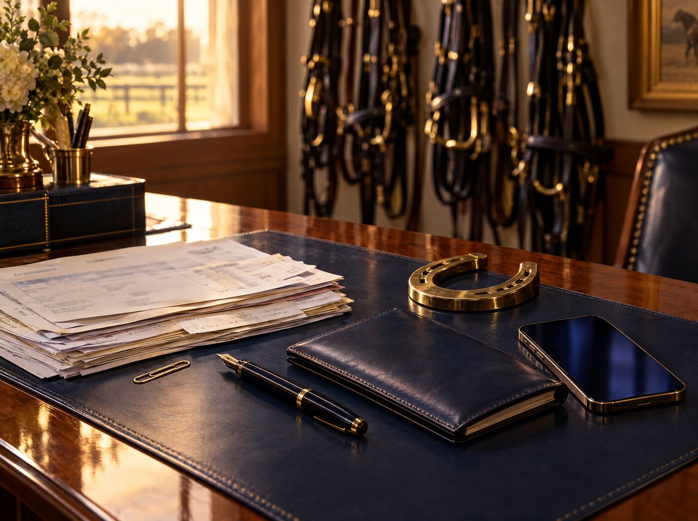 Barn invoices, receipts and a leather checkbook on a tack room desk