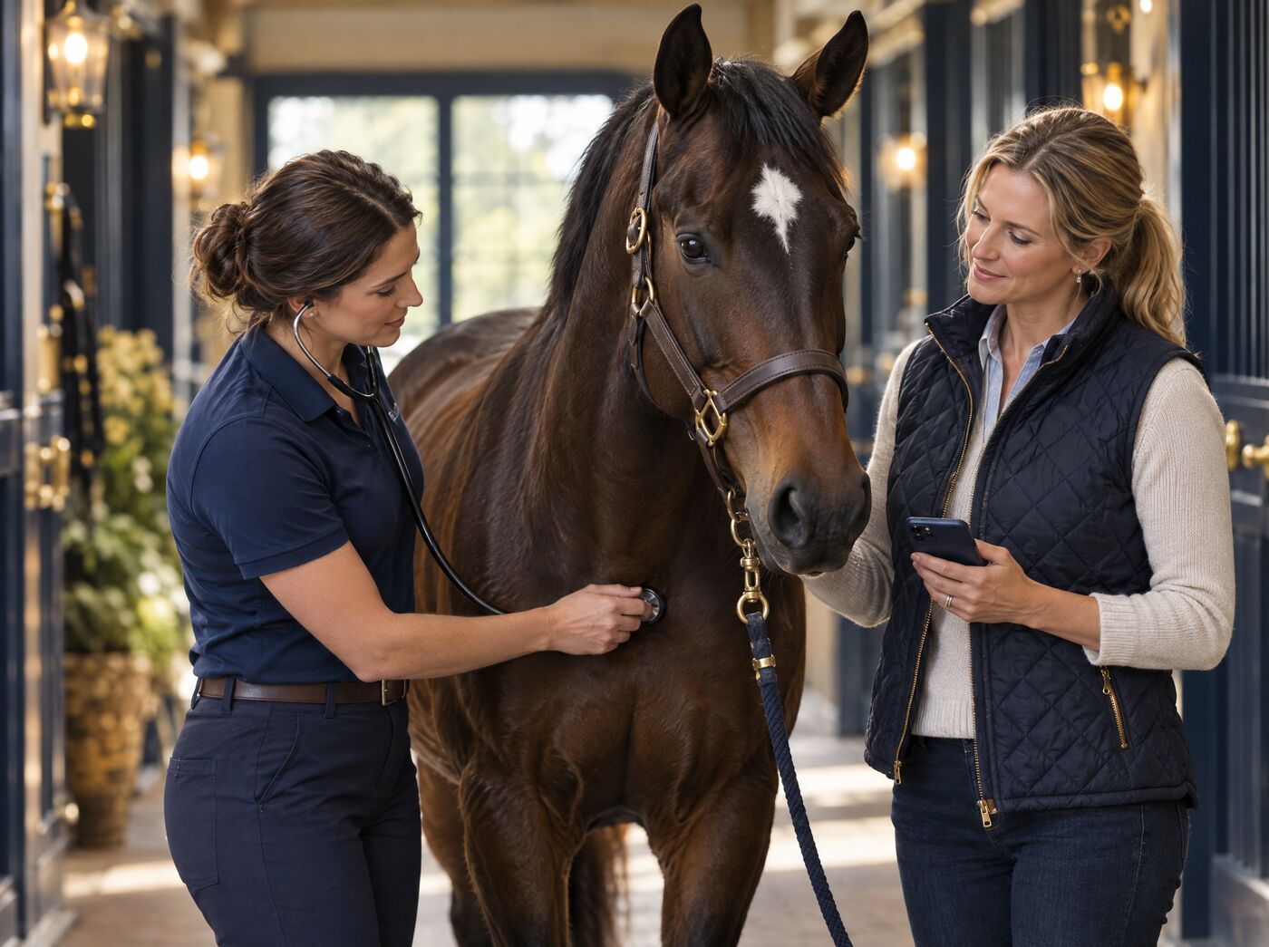 Vet examining a bay mare while the owner looks on