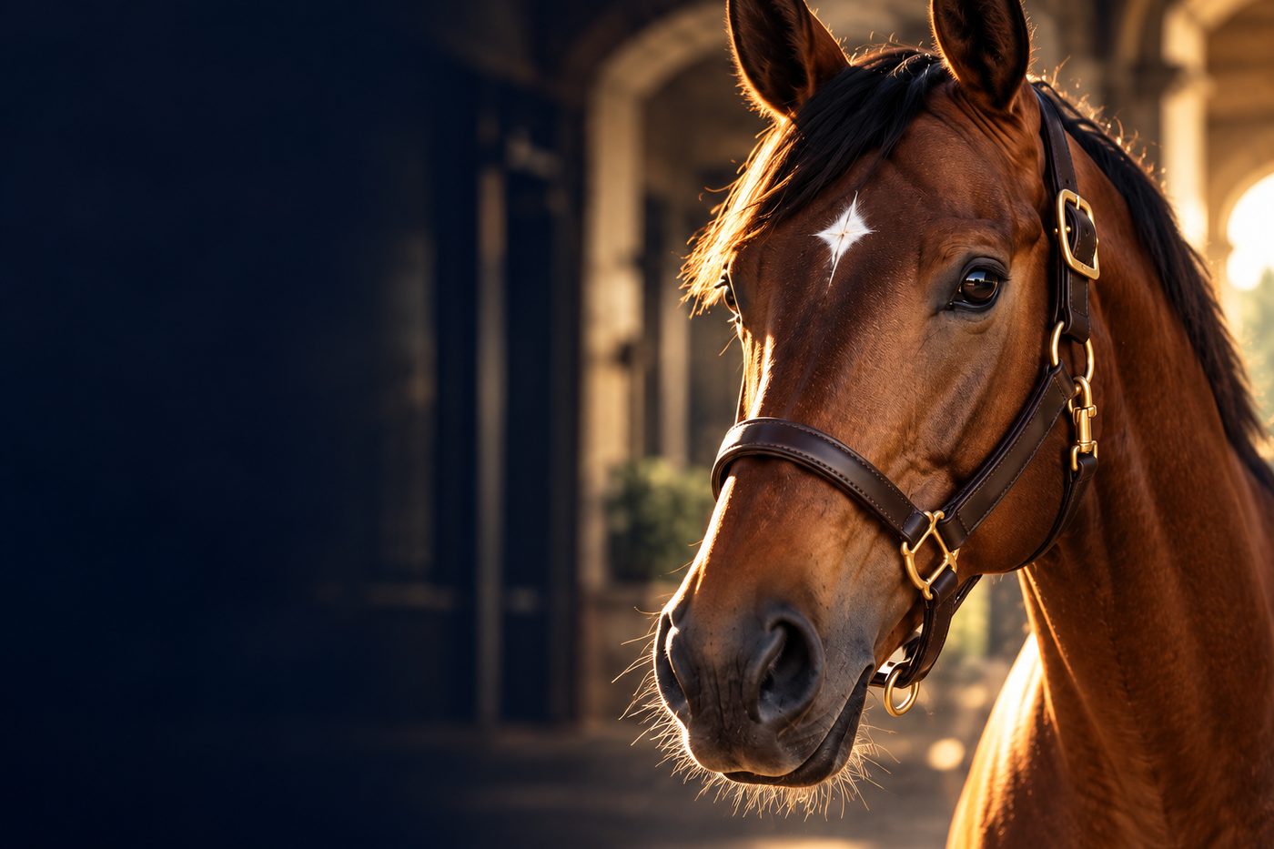 Huxley, the bay horse with a white star, in golden barn light
