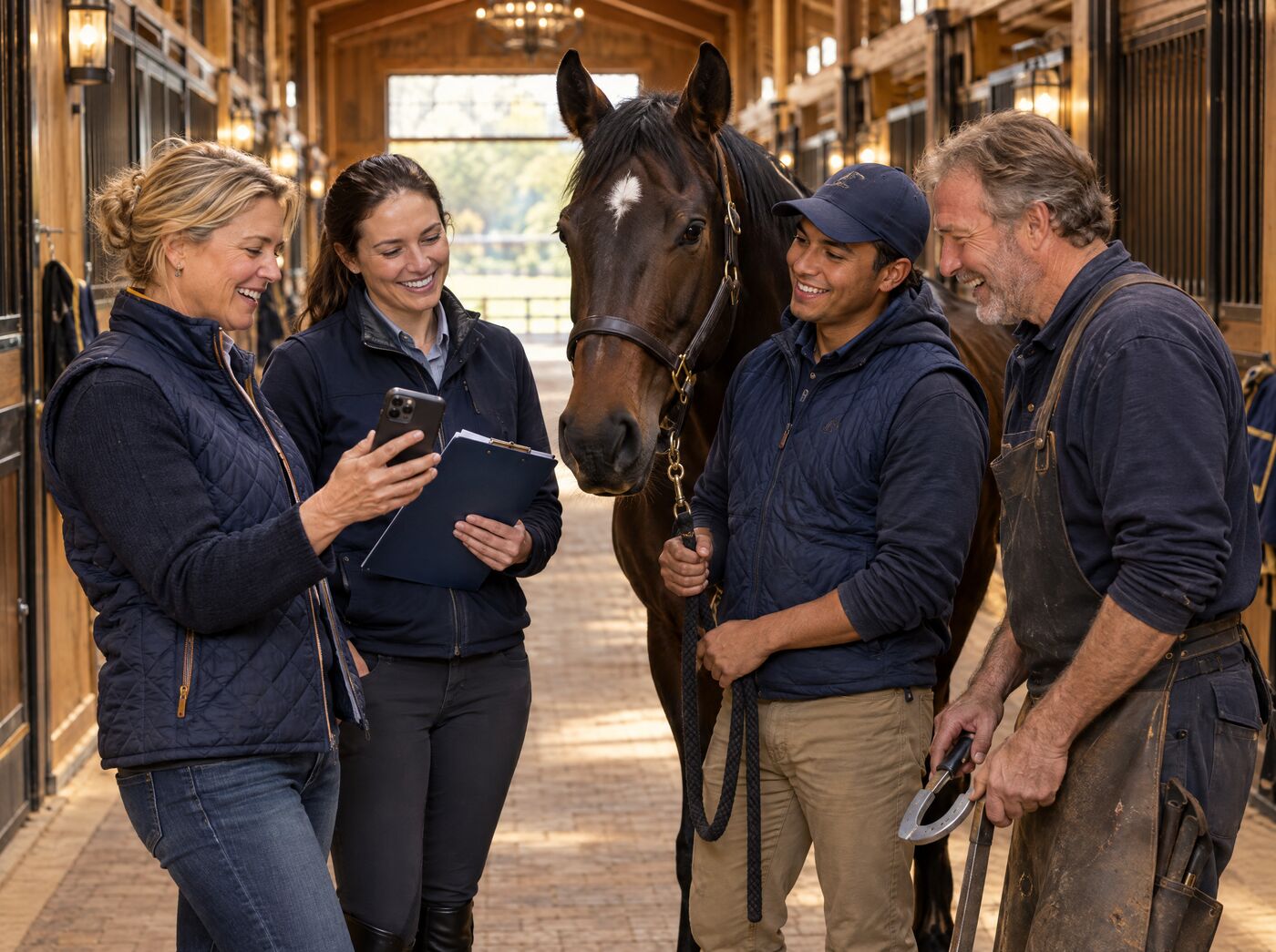Owner, trainer, groom and farrier together in a barn aisle